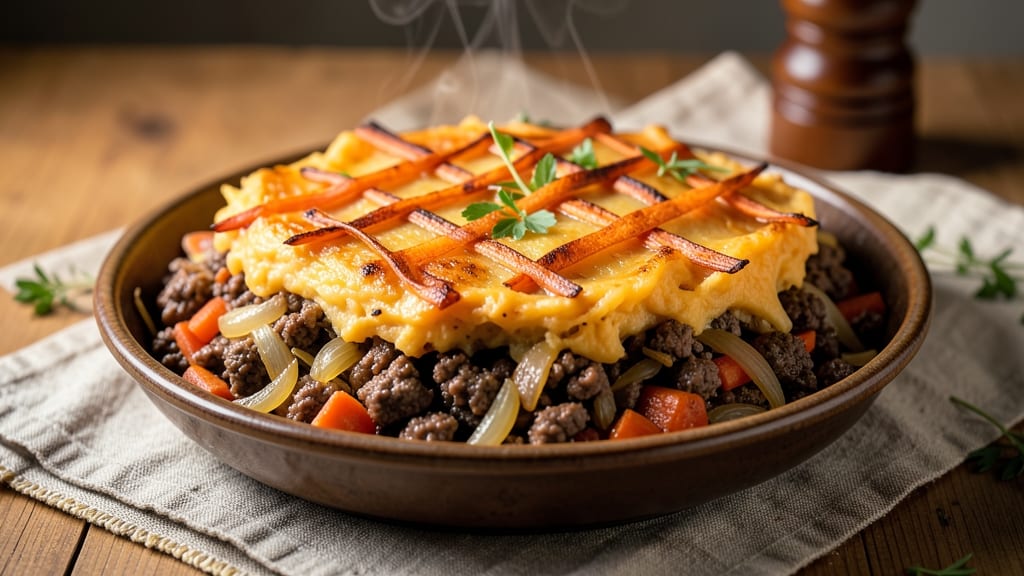 Shepherd's Pie With Sweet Potato Topping Recipe: Roasted Sweet Potato Crust Over Savory Gravy