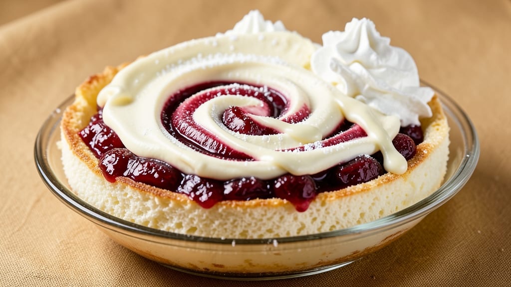 Recipe Using Angel Food Cake Mix and Cherry Pie Filling: No-Bake Cheesecake Swirl Delight